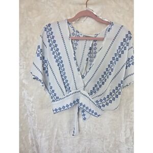 Papaya Blue White Geometric Tile Print Tie Back Crop Top V-Neck Womens L‎